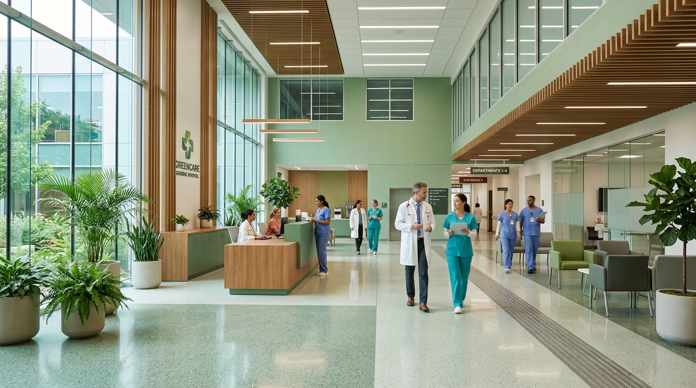 Sustainable modern healthcare facility architecture visual
